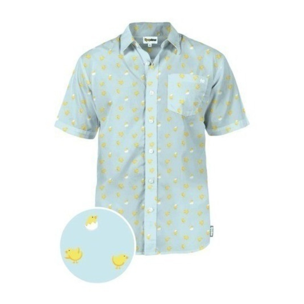Tipsy Elves Chick Magnet Short Sleeve Button Down Shirt Baby Blue Yellow Birds X